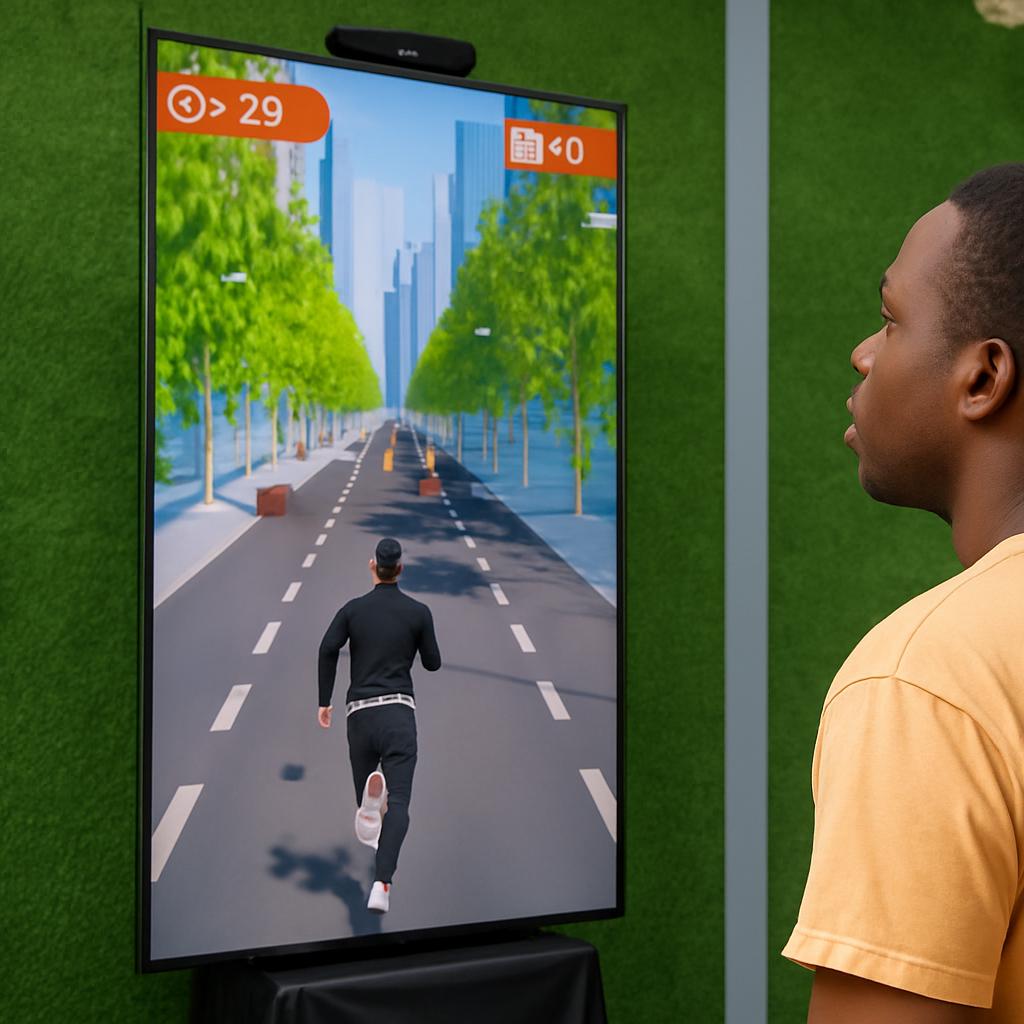 Player enjoying a motion runner game in Dubai, using full-body movement to jump and dodge obstacles. Interactive game rental